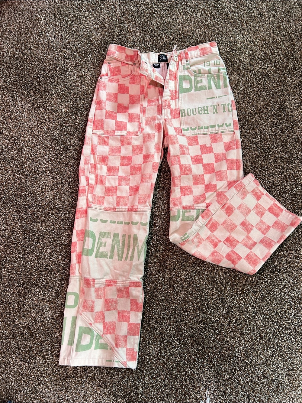 BDG Pink and White Checkerboard High-Rise Baggy Pants